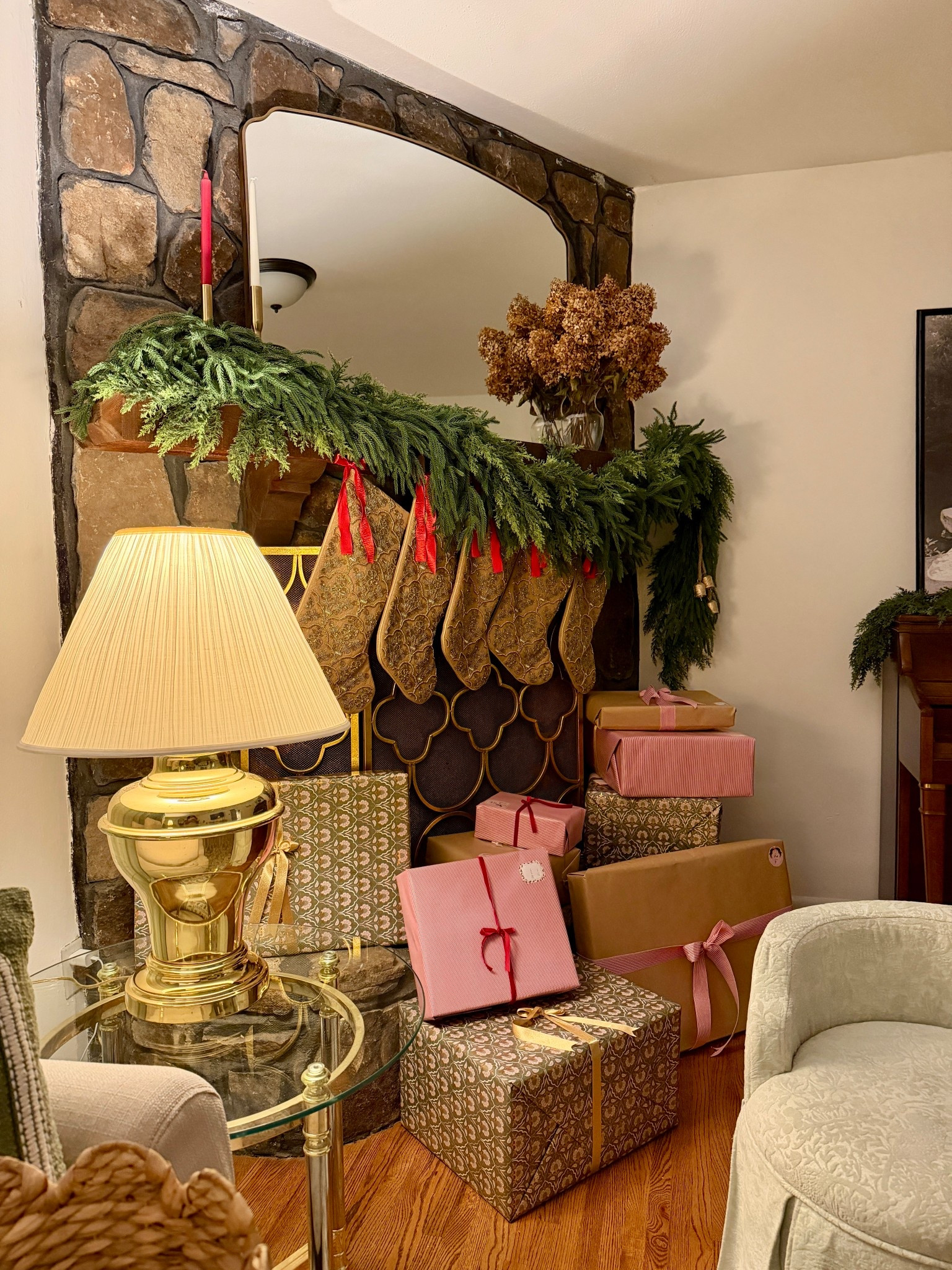 Christmas decor, mantel decor, living room, living space, garland, Amazon finds, stockings, Christmas Eve, table lamp, brass table lamp, Grandmillenial, vanity chair, presents, gifts, home decor, home finds, Amazon finds, mirror, hydrangeas, fireplace decor, interior design, amazon home, diy project, living room reno, grandmillenial, preppy, interior design, Pinterest inspired 

#LTKSeasonal #LTKdayinmylife #LTKHome