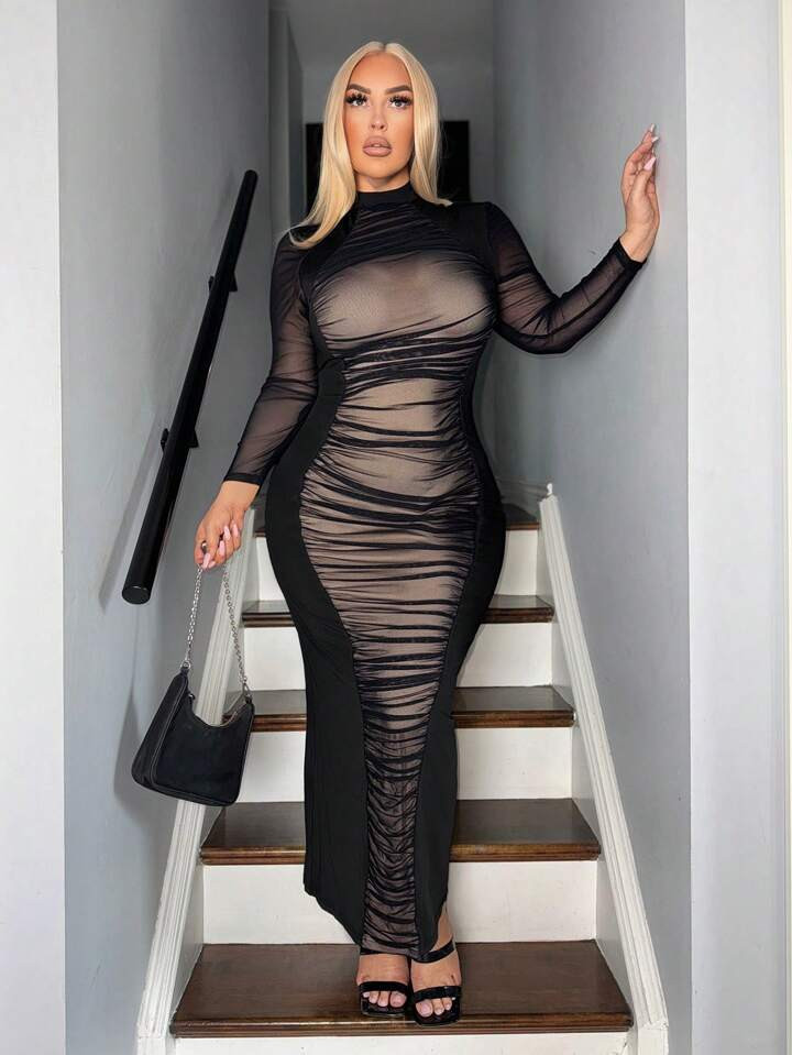 NU&NOW Plus Size Women Sexy V-Neck Mesh Long Sleeve Ruched Dress Maxi Women Outfit | SHEIN