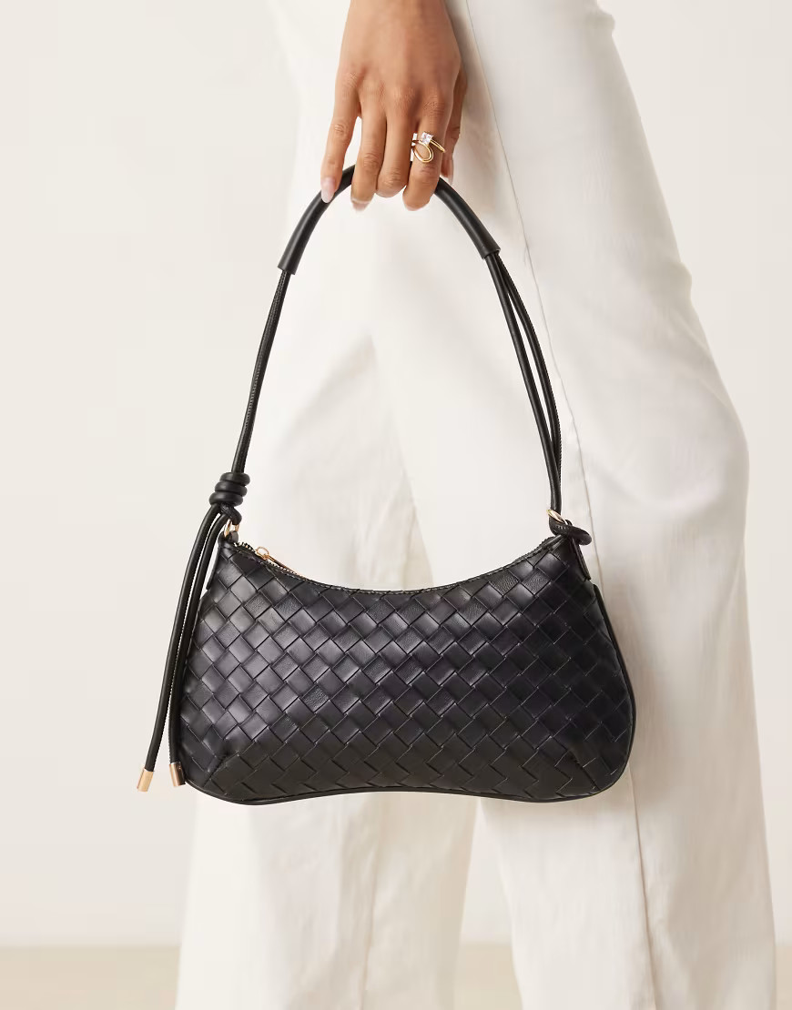 ASOS DESIGN woven shoulder bag with knot detail skinny strap in black | ASOS (Global)