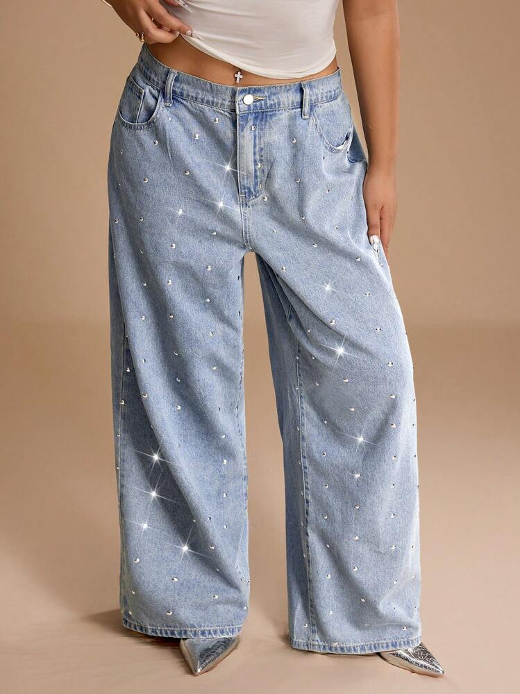 SHEIN Unity Plus Size Women's Studded Distressed Denim Jeans | SHEIN