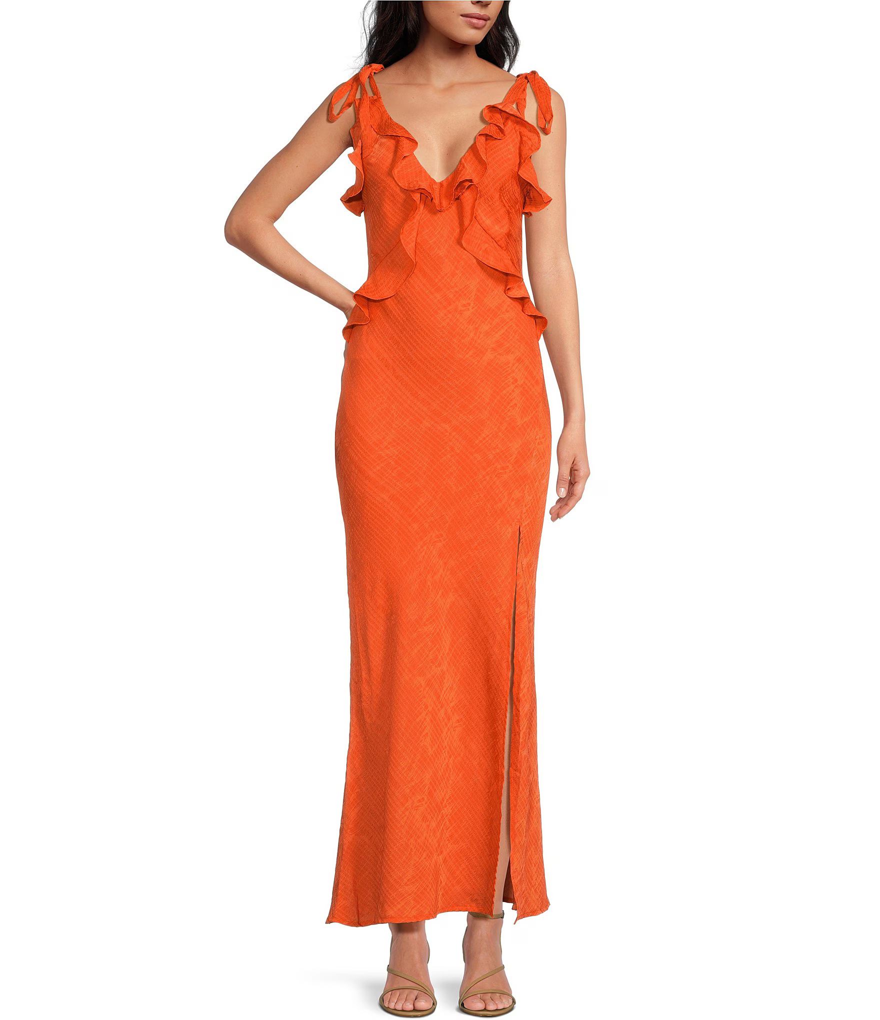 Sorbae Ruffle V-Neck Sleeveless Side Slit Maxi Dress | Dillard's