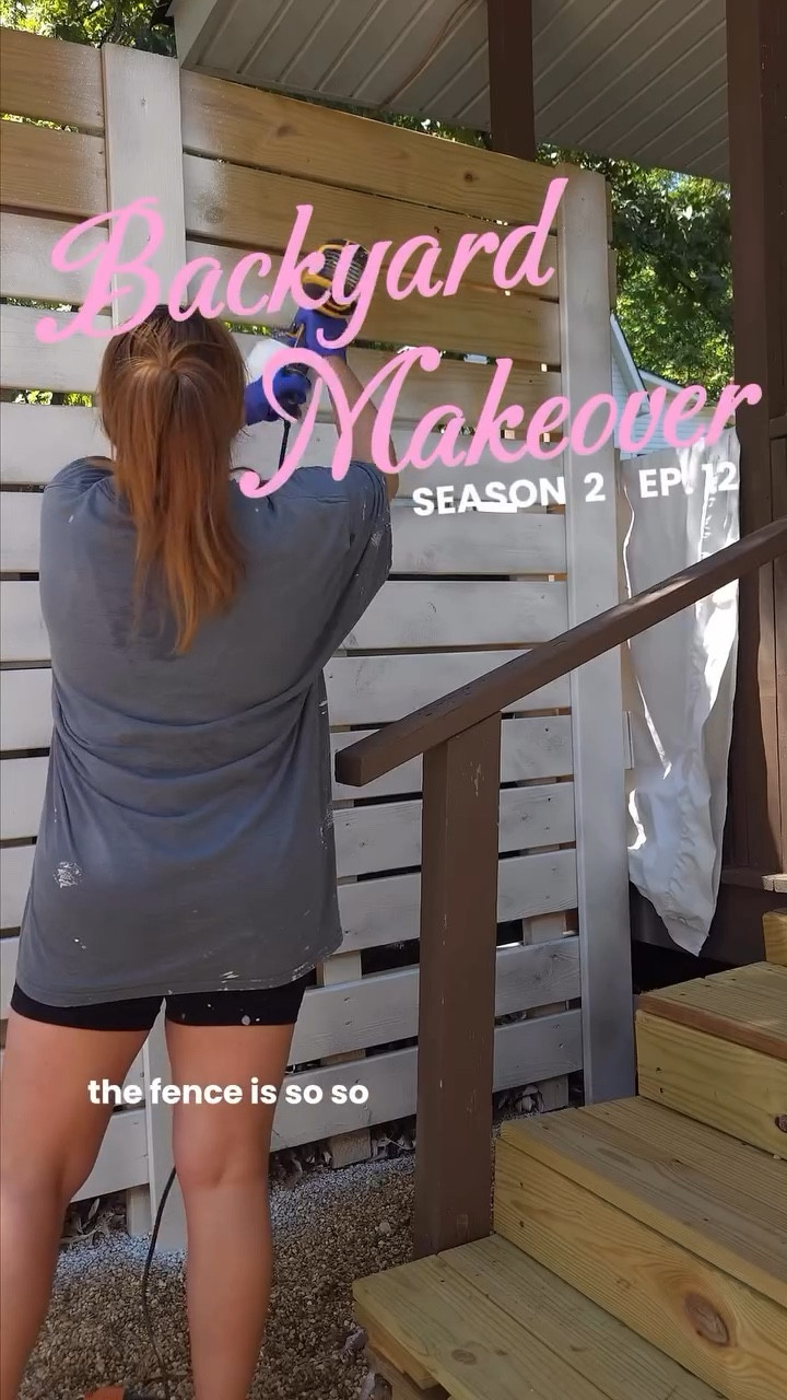 Season 2, Episode 12 of the Backyard Makeover! 🏡☀️💗 The fence is FINALLY finished! 🤍 #pooldeck #pinkpool #backyardrenovation #fencestaining #paintsprayer