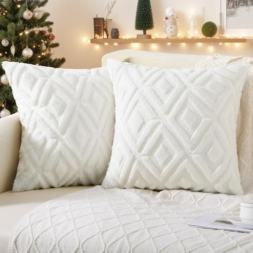 Pallene Christmas Cream White Throw Pillow Covers 22x22 Set of 2, Soft Plush Faux Fur Decorative Couch Pillow Covers for Sofa Bed Living Room Pillow Cases with 3D Diamond Pattern | Amazon (US)