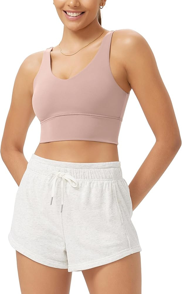 ODODOS Cloud Feeling V Neck Padded Sports Bra for Women U Back Wirefree Yoga Bra Crop Top | Amazon (US)