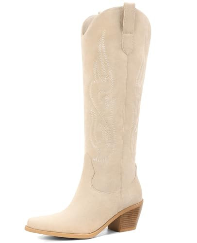 Pasuot Western Cowboy Boots for Women - Knee High Wide Calf Cowgirl Boots, Slip On Pointed Toe Chunky Heel Fashion Retro Classic Pull On Tall Boot for ladies Party concert Beige Suede US 9.5 | Amazon (US)