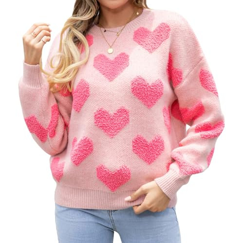 Women's Cute Heart Sweater Love Print Valentines Day Knitted Top Casual Crewneck Long Sleeve Sweaters Pullover(Pink Knit 11,M) | Amazon (US)