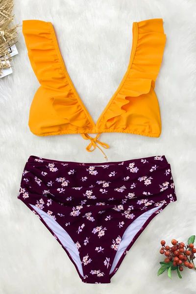 Yellow And Purple Ruffled Bikini | Cupshe