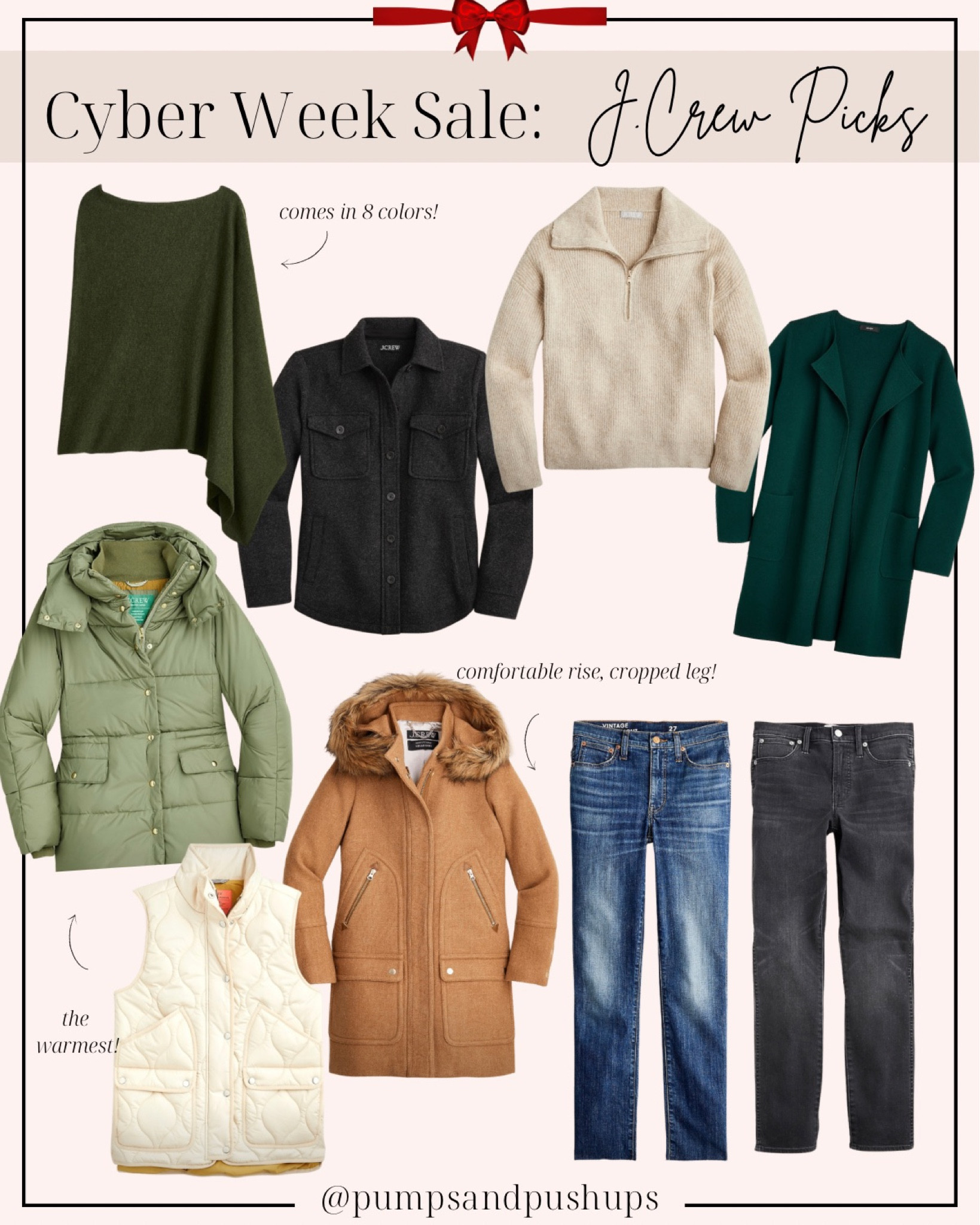 J.crew 50% off 

Wrap one size 
Wool shacket xxs
Zip sweater xxs 
Juliette collarless blazer xxs 
Chateau puffer (regular xxs) not petite for extra sleeve length 
Vest xxs 
Chateau parka petite 0 (sized up) 
Jeans both petite 24 - dark jeans have a cropped fit 


#LTKCyberweek #LTKsalealert