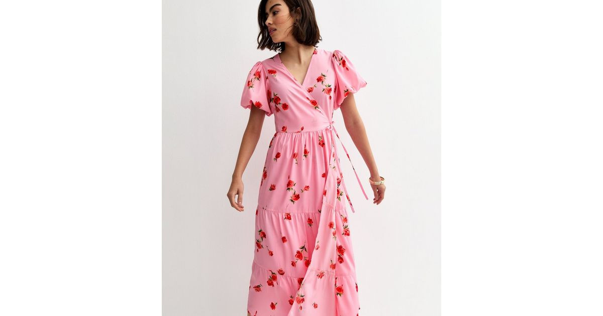 Pink Crepe Rose Print Wrap Midi Dress | New Look | New Look (UK)