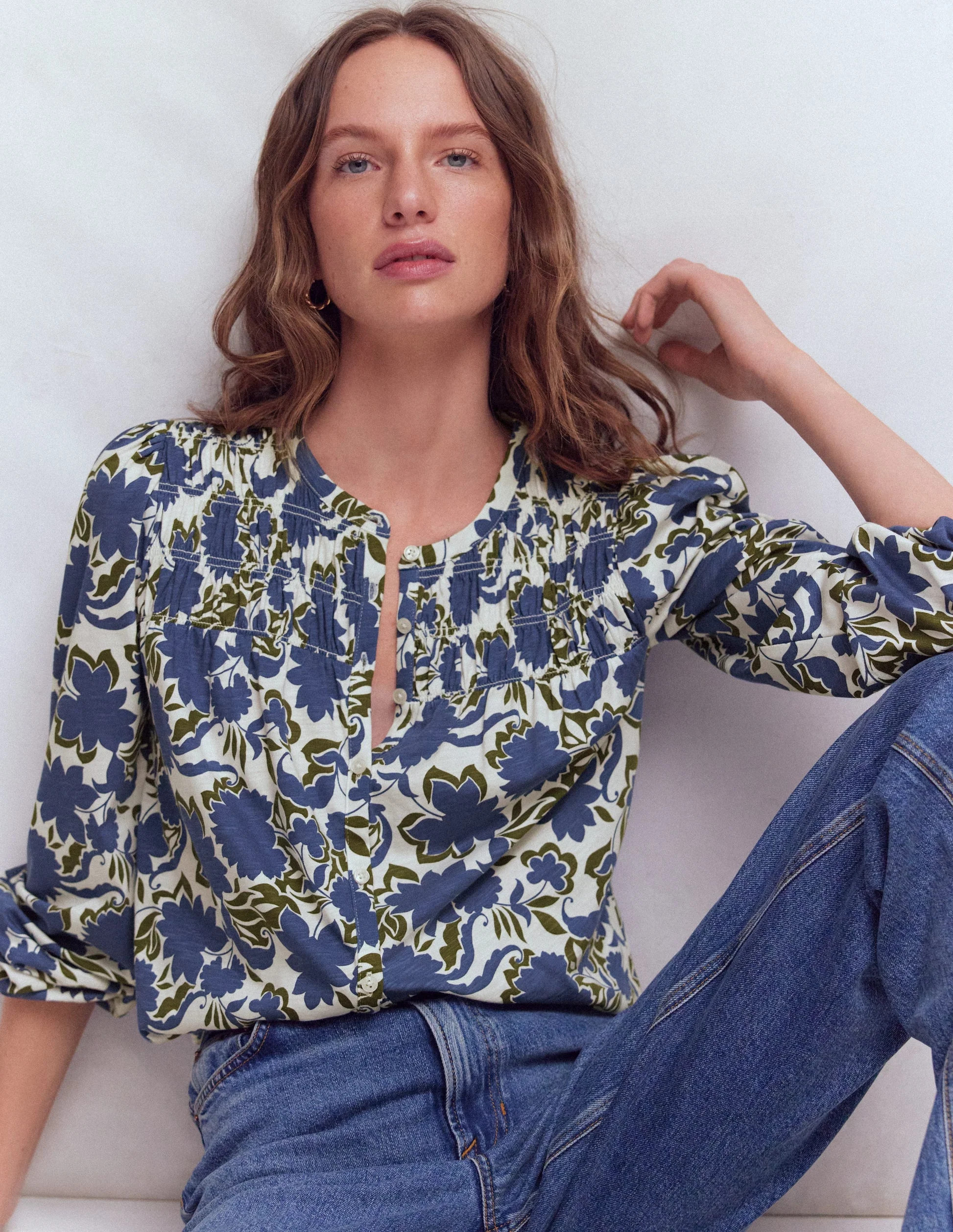 Mya Smocked Jersey Shirt-True Navy, Shadow Blossom | Boden (US)