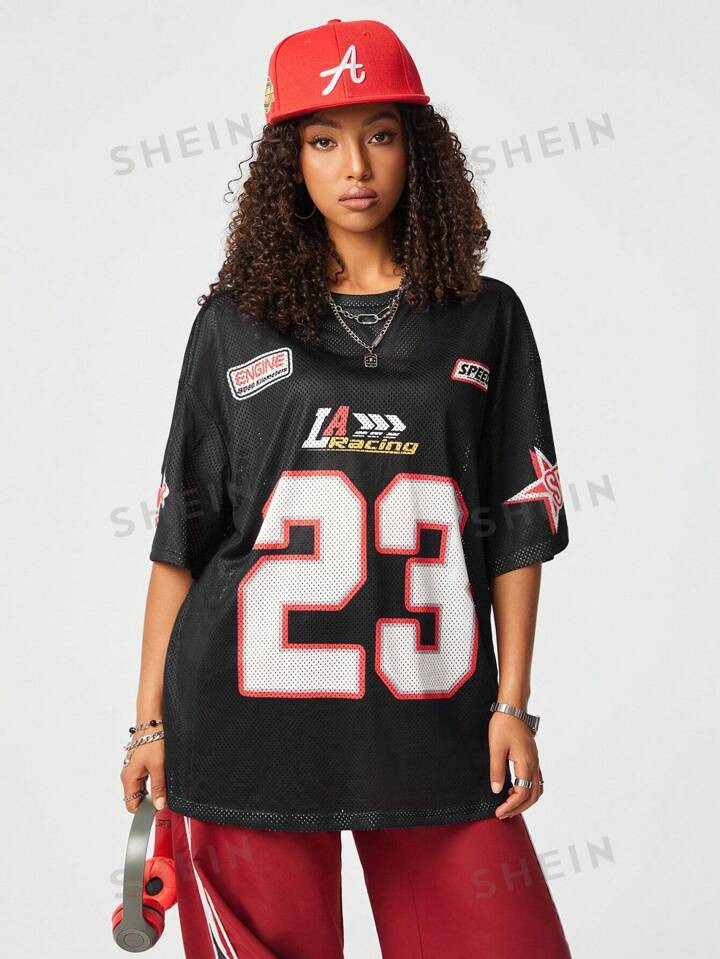SHEIN Coolane Women's  Streetwear Sports Blockcore  Number Printed Mesh Jersey T-Shirt | SHEIN