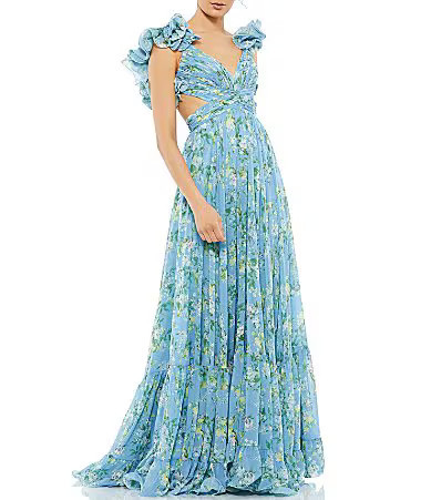 Mac Duggal Floral Chiffon V-Neck Sleeveless Ruffle Shoulder Side Cut-Out Gown - 10 | Dillard's