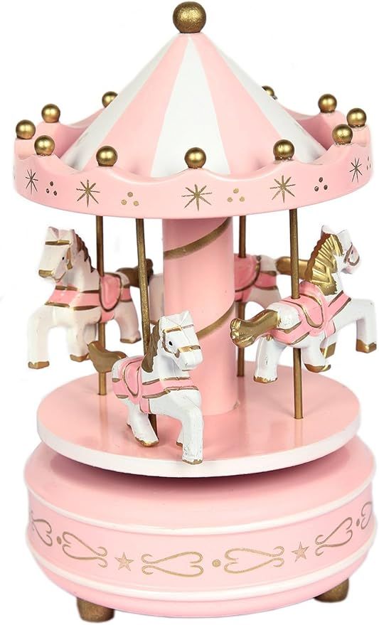 Schoolsupplies New Pink Wooden Merry Go Round Carousel Classic Music Box Kids Girls Gift Toy | Amazon (US)