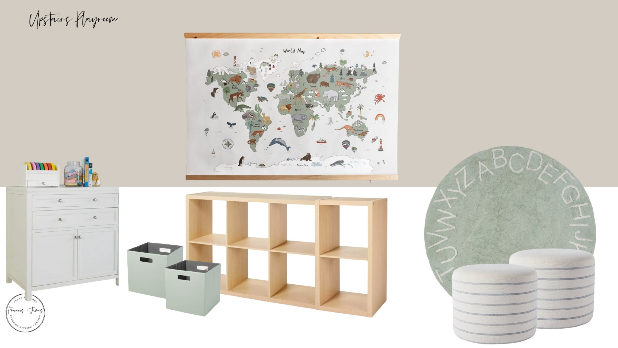 Playroom, nursery, kids room, neutral nursery, toy room storage, toy room, abc rug, classroom, world map, classroom map, storage basket, ottomans, art cart 

#LTKFamily #LTKKids #LTKHome