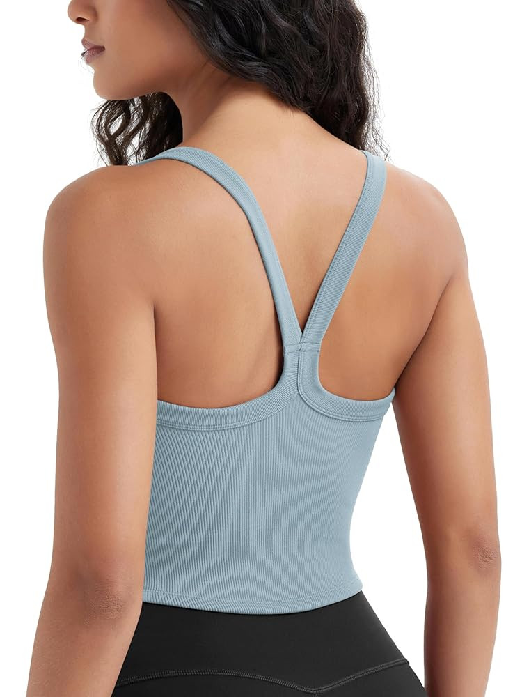 ODODOS Women's Seamless Crop Cami Wide Scoop Neck Ribbed Soft Open Racerback Cropped Tank | Amazon (US)