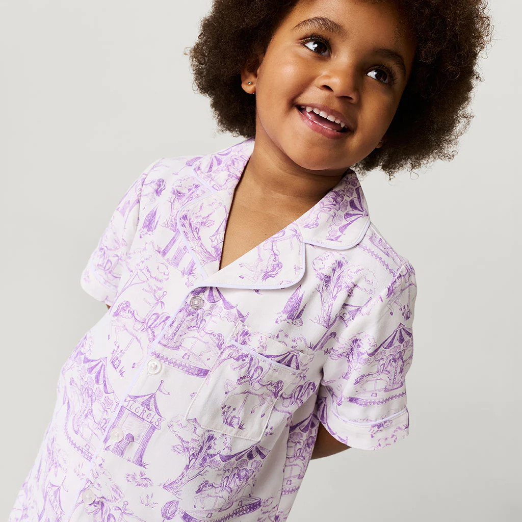 Circus Purple Short Sleeve Babette Twill Pajama Short Set | Posh Peanut\u00ae | Posh Peanut