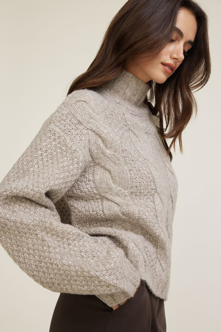 Sasha Cable Knit Funnel Neck Sweater | Dynamite Clothing