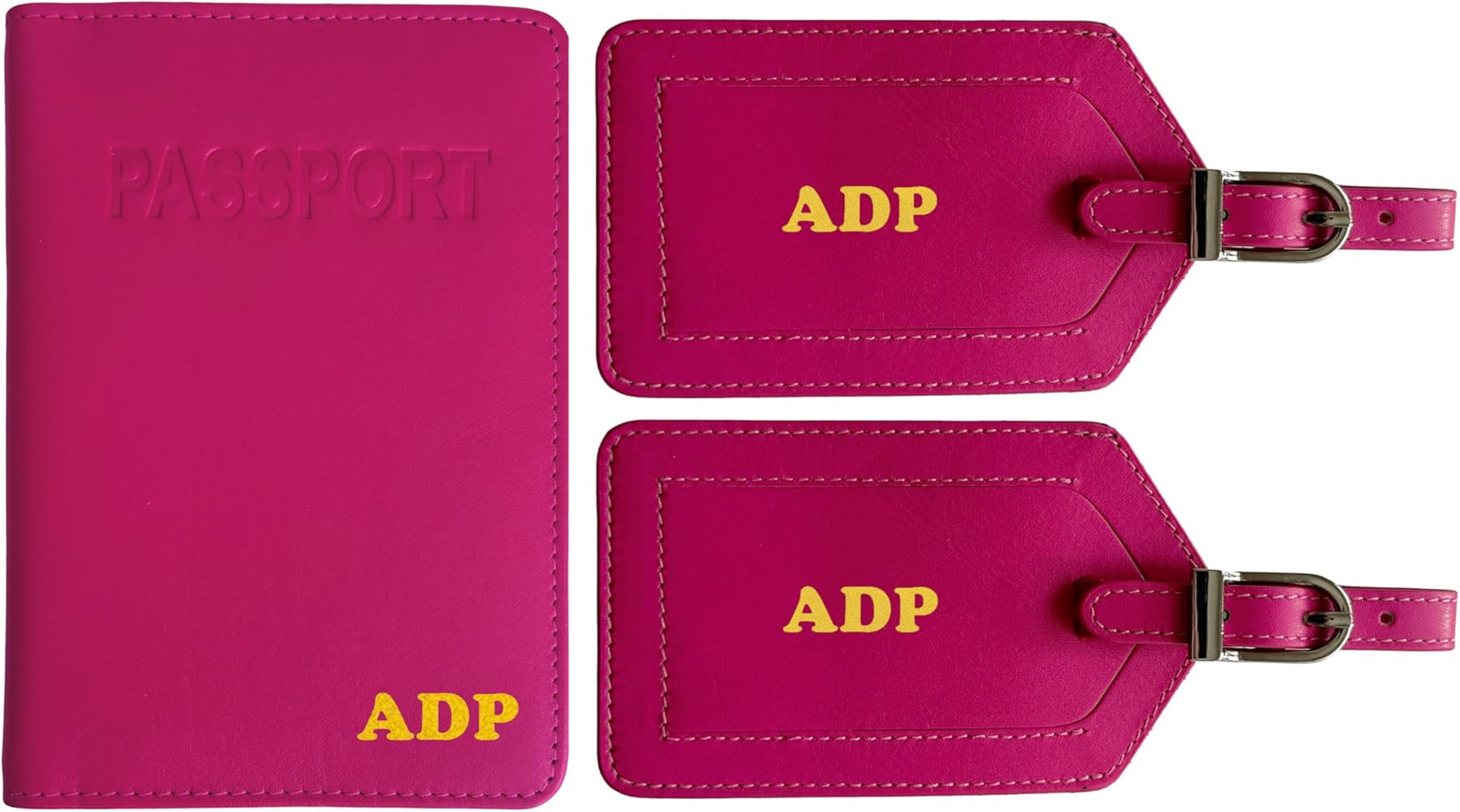 Personalized Monogrammed Bright Pink Leather RFID Passport Cover Holder and 2 Luggage Tags | Amazon (US)