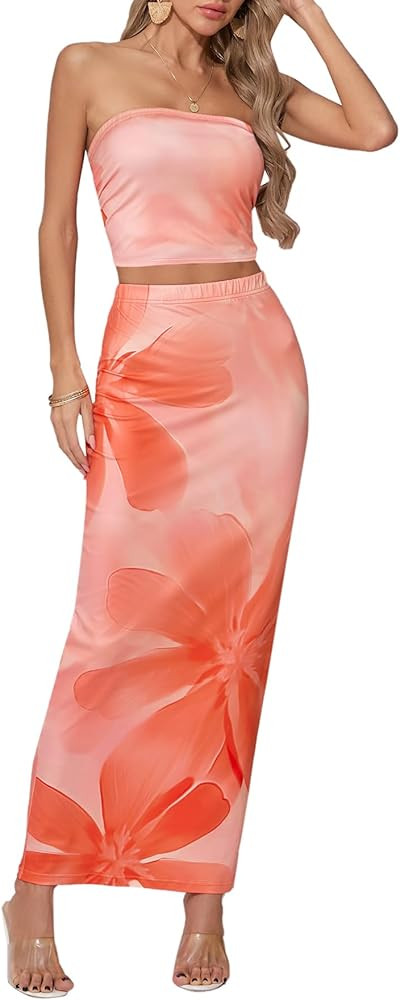 SOLY HUX Women's 2 Piece Skirt Sets Strapless Crop Tube Top Bodycon Maxi Skirt Summer Floral Outf... | Amazon (US)