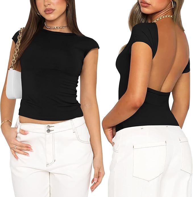 Backless Tops for Women Sexy - Casual Y2K Crop Shirts Long Sleeve Crewneck Slim Fit Cut Out Tees | Amazon (US)