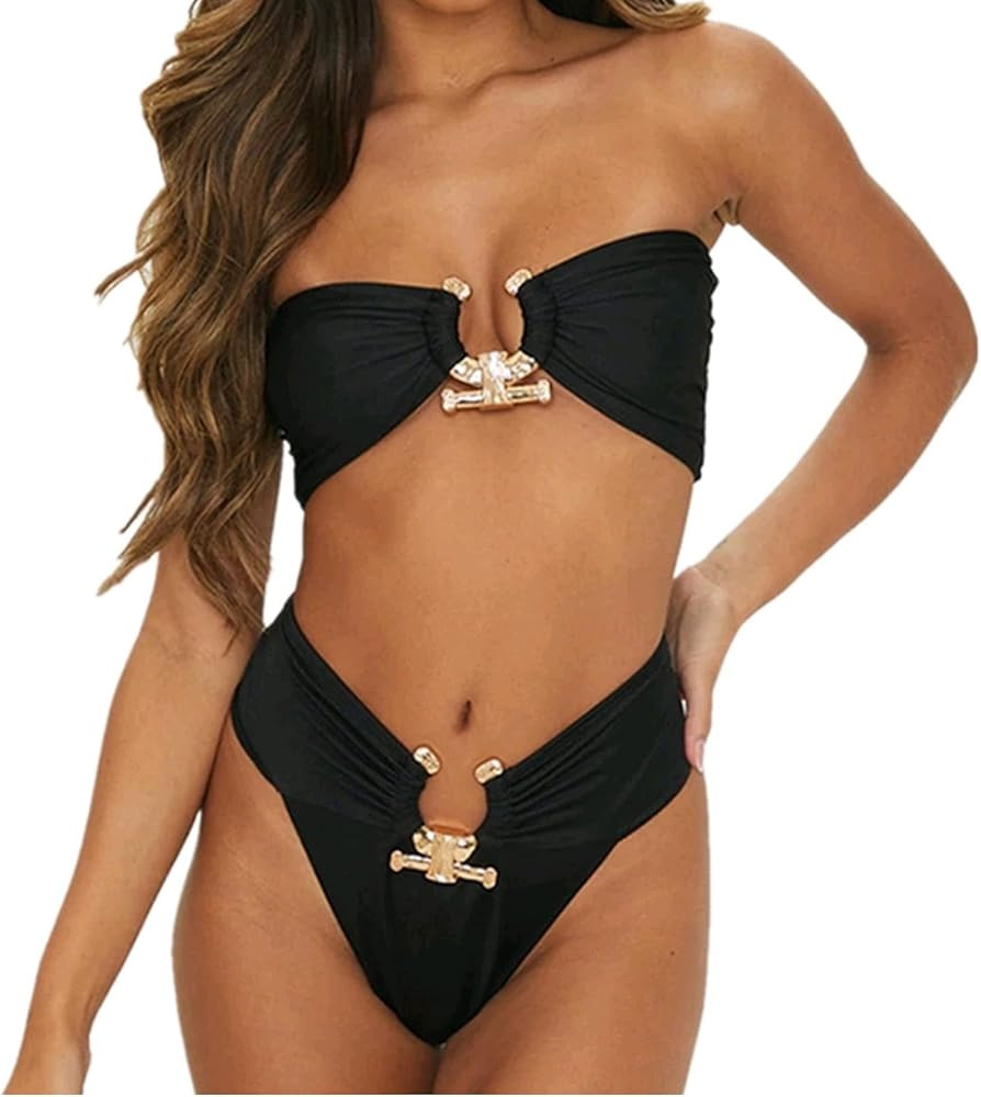 RARITYUS Women Bikini Metal Ring High Waist Two Piece Set Push Up Sexy Summer Swimwear Strapless ... | Amazon (US)