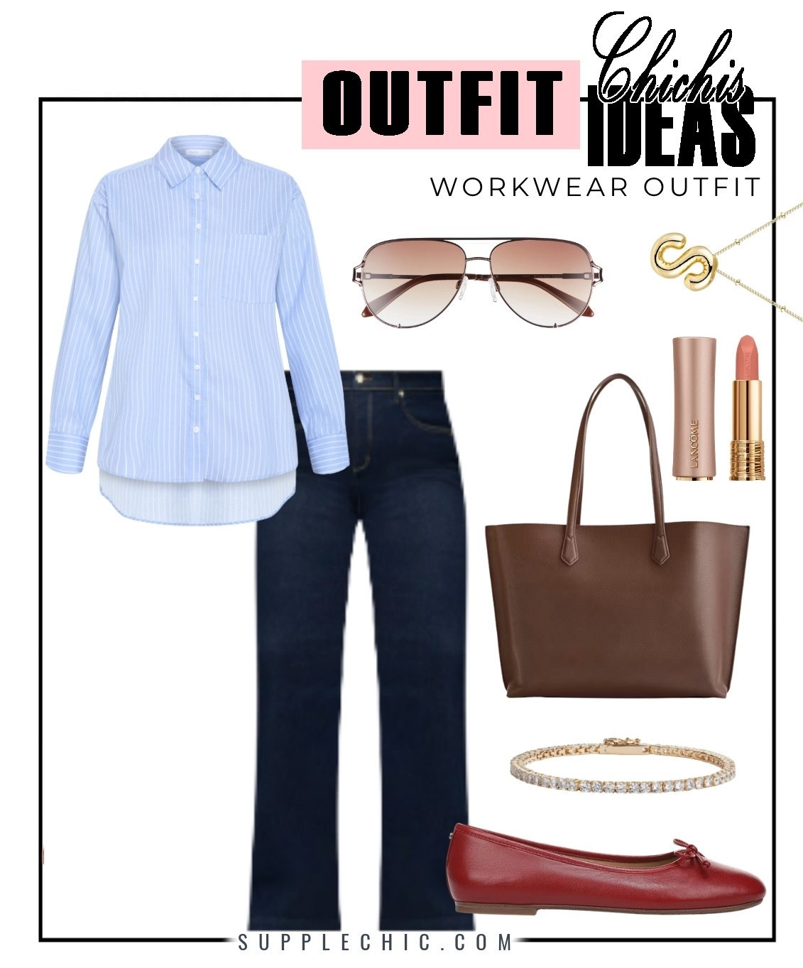 Some mornings call for an outfit formula that just works. A blue striped shirt + dark jeans + red flats gives you a polished base, while a brown tote and gold accessories add that little extra without making it feel overdressed.   easy work outfit, office outfit ideas, business casual women, striped shirt outfit, dark jeans outfit, red ballet flats, work tote bag, gold jewelry, office fashion, classic style

#LTKootd #LTKWorkwear #LTKSeasonal
