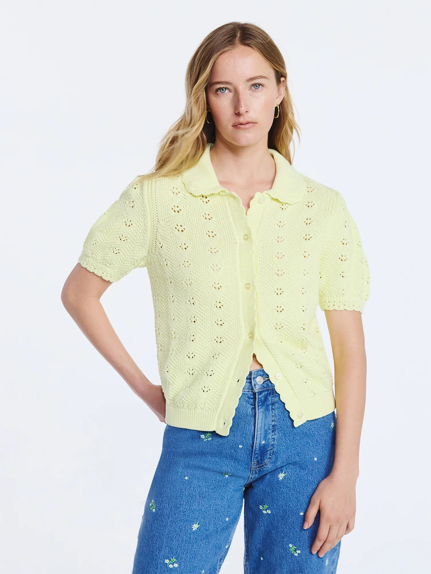 Free Assembly Women's and Women's Plus Cotton Pointelle Cardigan Sweater with Short Sleeves, Ligh... | Walmart (US)