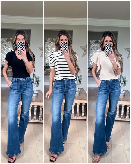 Wearing size small in all tops due to selection (true size is xs). Stick to true size if want more fitted, if like looser go up.

Jeans//sized down for snugger fit per reviews//000 short at 5’1//need heel//

#LTKfindsunder50 #LTKsalealert