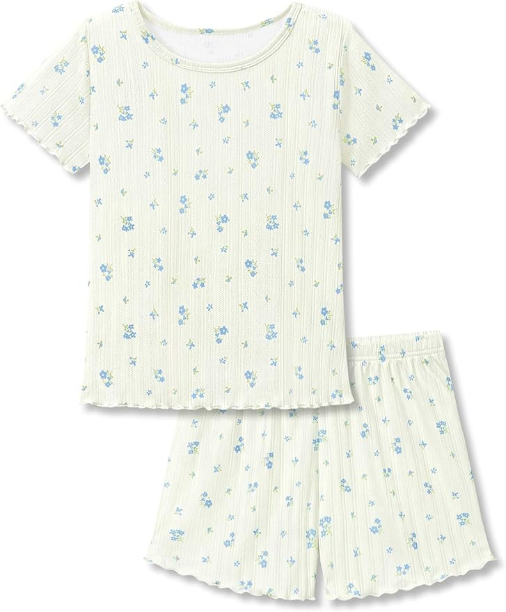 Girls Pajama Set Pointelle Floral Print Short Sleeve Sizes 6-18 | Lettuce Trim, 2-Piece Pajamas, ... | Amazon (US)