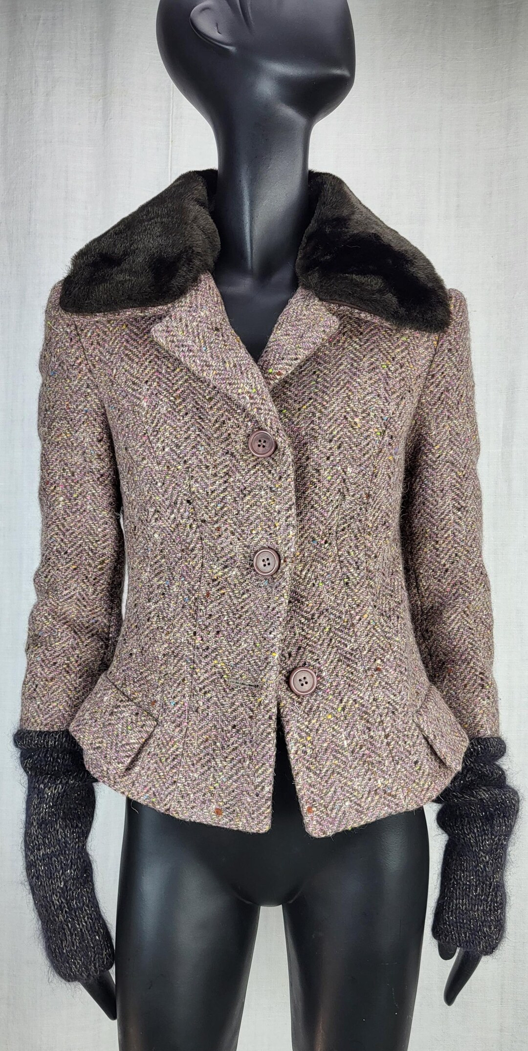 Vintage Dolce & Gabbana Tweed Jacket Cropped Herringbone Wool Faux Fur Collar - Etsy | Etsy (US)