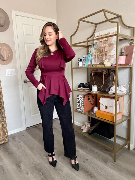 Holiday Outfit Idea / Ruffle Peplum Top (Small), Corduroy Pants (XS), Pointed Toe Studded Heels with Ankle Strap (TTS) | Amazon Fashion Finds | #OutfitIdea #OutfitInspo #AmazonFashion #Holiday

#LTKHoliday #LTKstyletip #LTKshoecrush