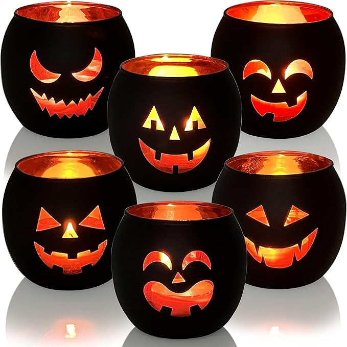 Halloween Table Decor Set of 6, Jack O Lanterns Black Glass Votive Tealight Candle Holders, Hallo... | Amazon (US)
