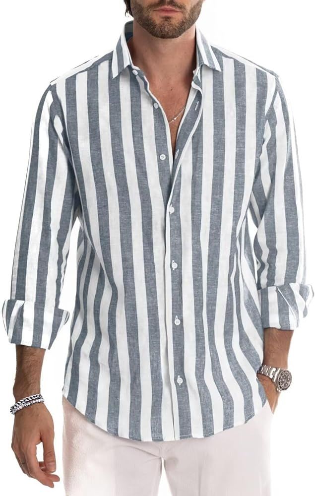 Dokotoo Men Mens Linen Button-Down Shirts Casual Striped Long Sleeve Summer Beach Shirt | Amazon (US)