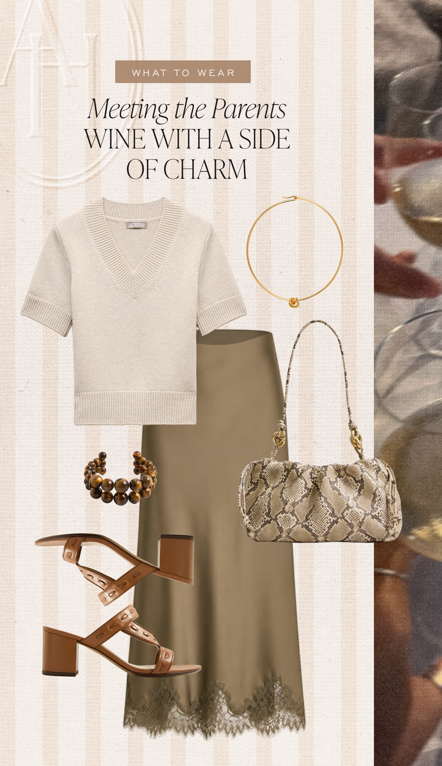 Evening outfit for dinner, date night or meet the parents. A silk slip skirt, snake skin bag and v-neck sweater with accessories.  

 #LTKootd #LTKSeasonal