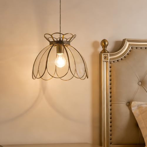 Yifi Deco Brass Glass Ceiling Pendant Light, Hanging Chain lamp, with Vintage Lotus Flower Glass Shade for Kitchen Island Dining Room Bedroom Living Room-12 Clear Large Shade | Amazon (US)