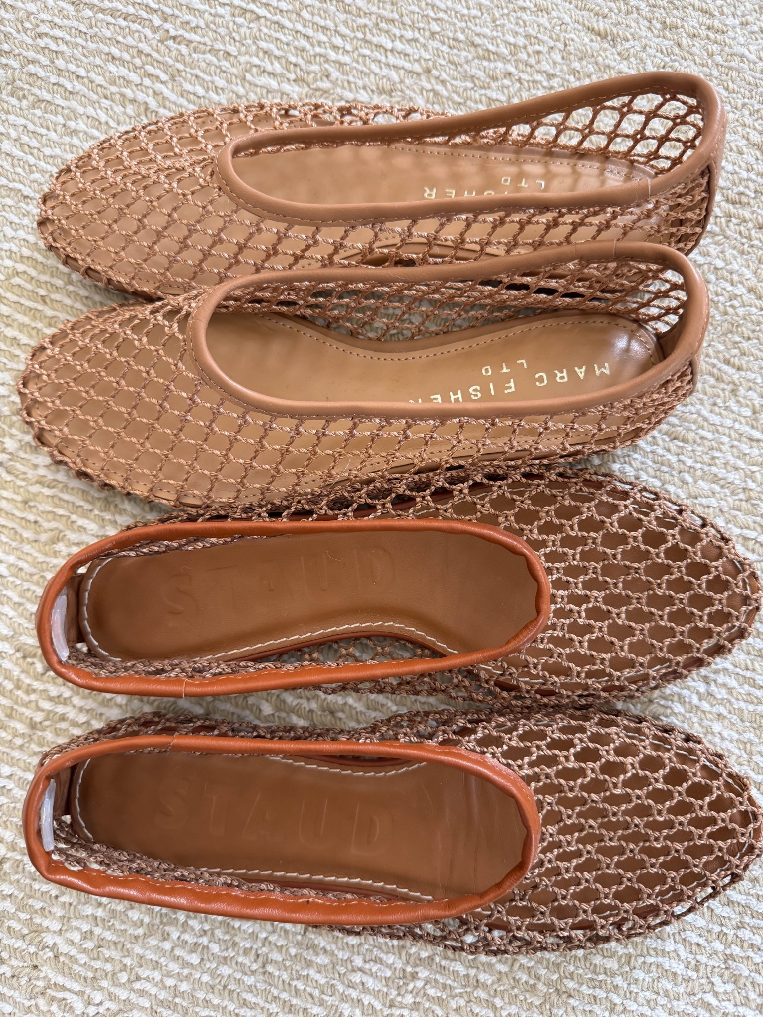 Staud alba netted flats vs. Marc Fisher Jazlyn netted flats. Nearly identical for a fraction of the price. 

Staud flats are TTS. 

Marc fisher Jazlyn- Size half size down, run big. 

Love this style as an elevated footwear options as the weather warms up! 

#LTKSeasonal #LTKPetite
