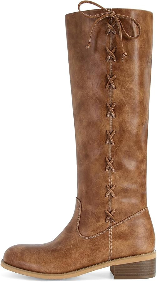 Knee High Boots for Women Fashion Side-Lace Leather Campus Riding Tall Boots Round Toe Chunky Heel Wide Calf Motorcycle Biker Boot | Amazon (US)