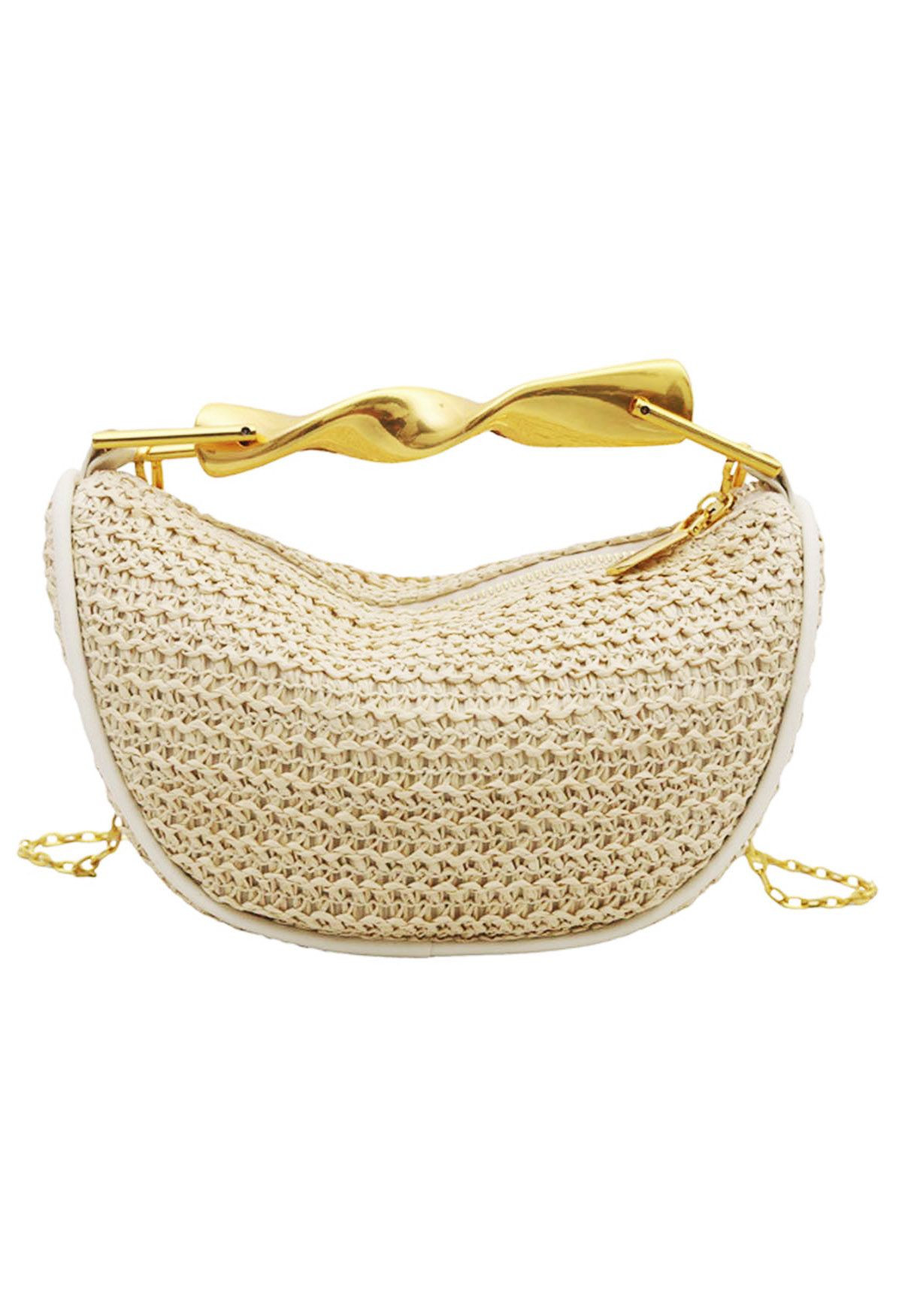 Twist Metal Handle Woven Straw Bag in Ivory for Daily Outings & Resort Getaways | Chicwish
