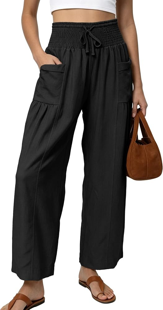 Women Linen Cotton Wide Leg Pants for Women High Waist Relaxed Casual Flowy Trousers Pockets Trav... | Amazon (US)