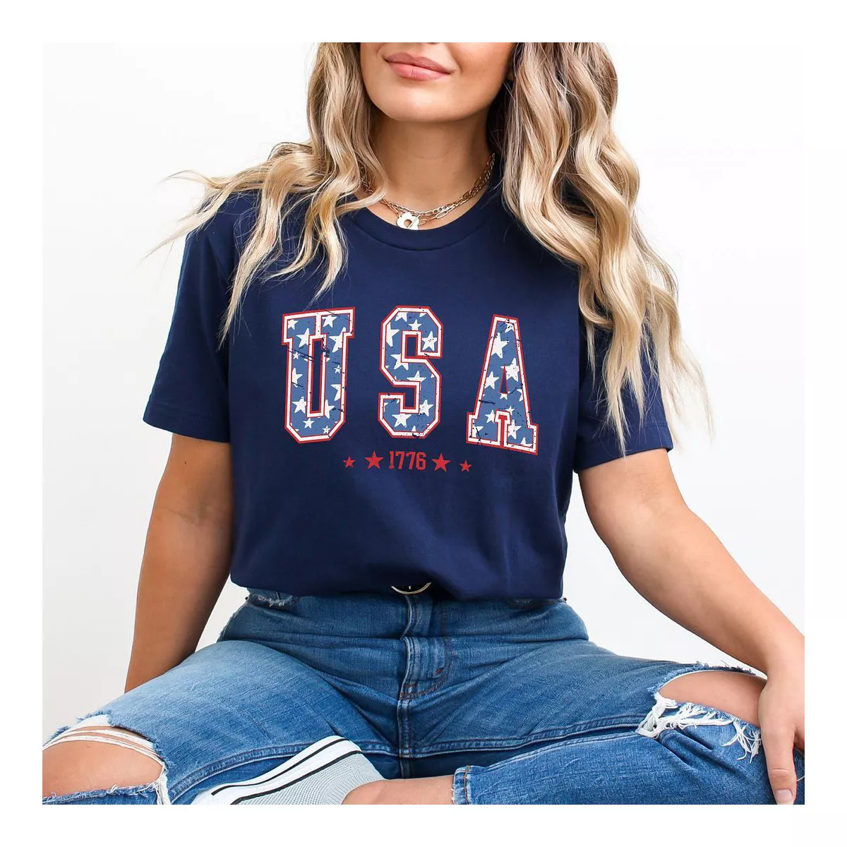 Simply Sage Market Women's USA Varsity Stars Short Sleeve Graphic Tee - S - TrueNavy | Target