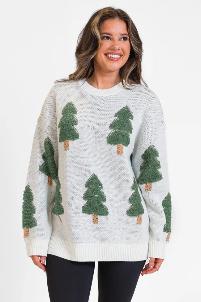 Under The Mistletoe Cream and Green Christmas Tree Sweater | Pink Lily