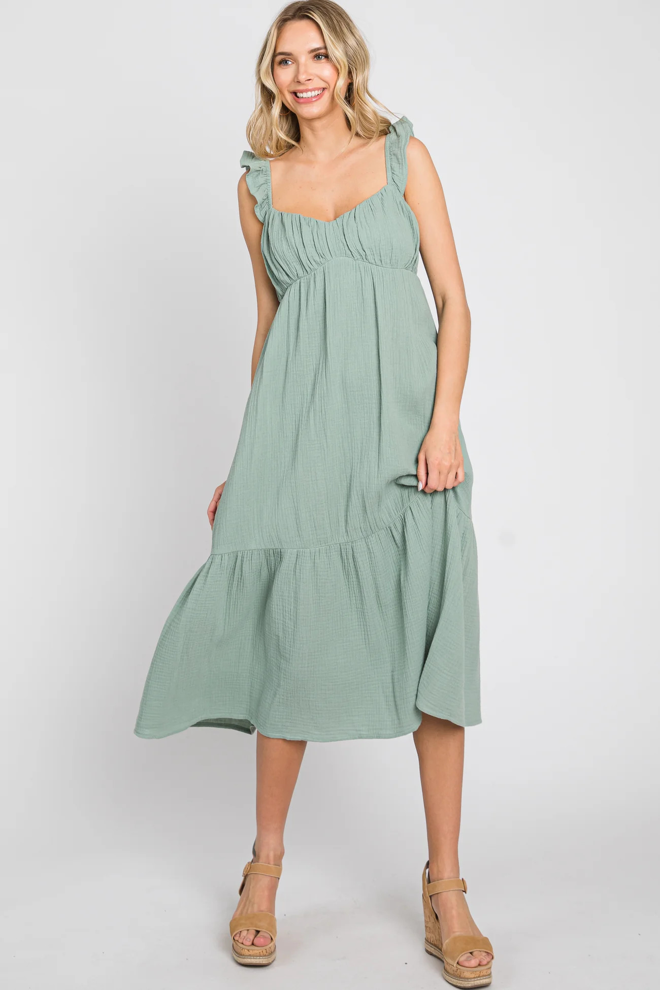 Sage Gauze Ruffle Midi Dress | PinkBlush Maternity