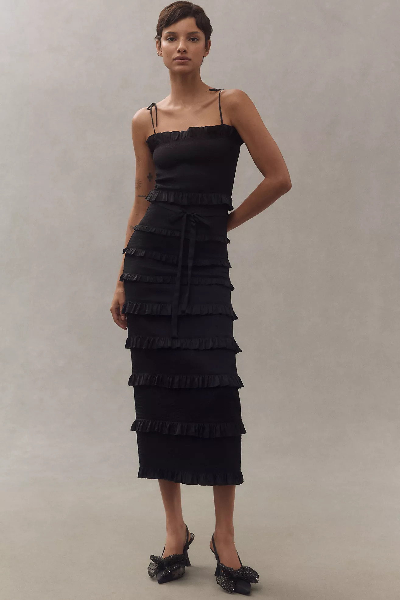 V. Chapman Lily Ruched & Ruffled Stretch Midi Dress | Anthropologie (US)