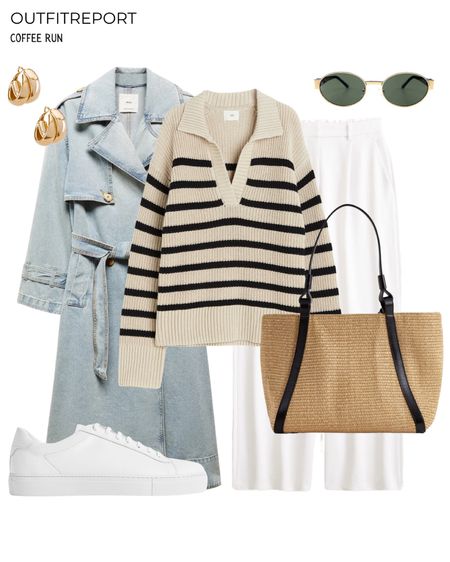 Coffee run outfits in white trousers straw tote handbag striped jumper sweater denim trench coat white sneakers trainers and Celine sunglasses 

#LTKstyletip #LTKitbag #LTKshoecrush