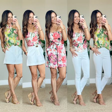 Save 30 to 50% on everything at Express!! Floral love! Wearing xs size in halter neck tank and corset top. Size up, one size in the romper.
White skinny Jeans 0 short. White shorts 0. Heels and wedges TTS
Floral outfits  | summer outfits | summer date night outfits | floral, summer romper |  floral tops | high waisted shorts | 


#LTKsalealert #LTKunder50 #LTKstyletip