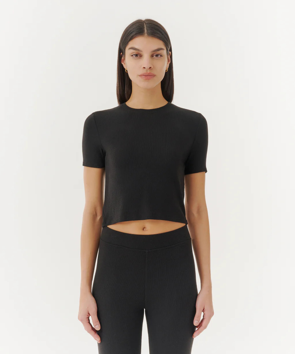 Modal Rib Cap Sleeve Crew Neck Tee - Black | ATM Collection