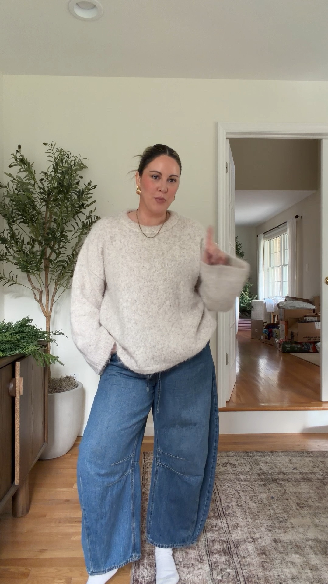 Comfiest old navy barrel jeans are $30 right now! TTS, wearing M. Sweater is old Topshop but 🔗ed similar. 

#LTKSeasonal #LTKFindsUnder50 #LTKSaleAlert