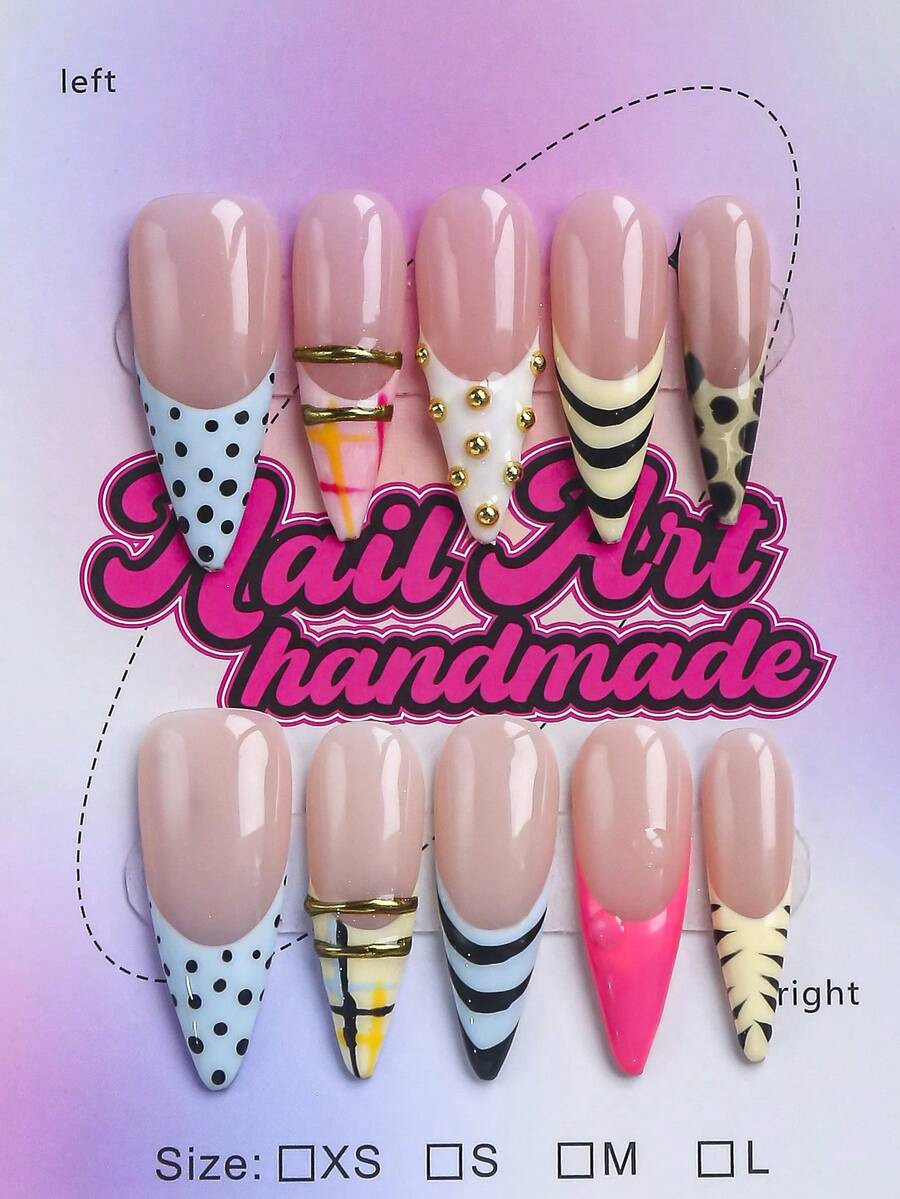 10pcs Handmade Almond Shape Y2K Style Nail Stickers, Multi-Element Contrast Color French Mix Prin... | SHEIN