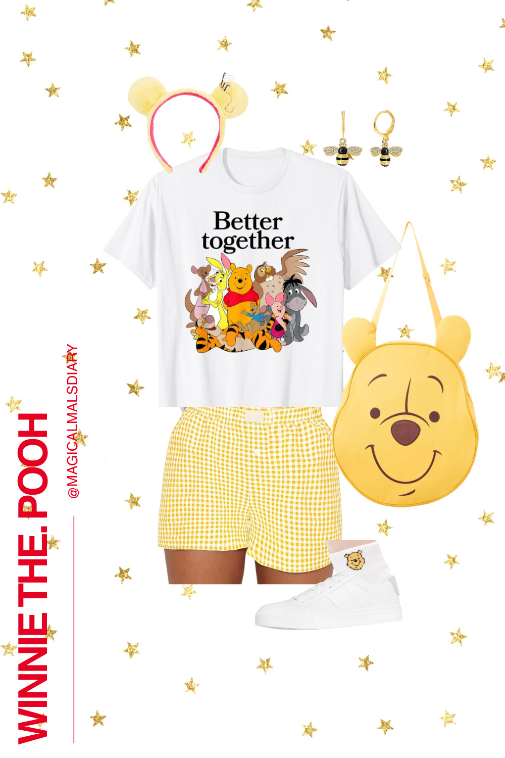 Silly old bear, but make it park-ready! 🍯 I'm so in love with this "Better together" Winnie the Pooh look — the softest graphic tee, breezy yellow gingham shorts, the cutest little bear ears and bee earrings, and a Pooh bag that made my whole heart happy. It's such an easy, comfy Disneybound whether you're doing a friends' trip, matching with your littles, or just chasing that Hundred Acre Wood magic. Tap to shop every piece!  

 