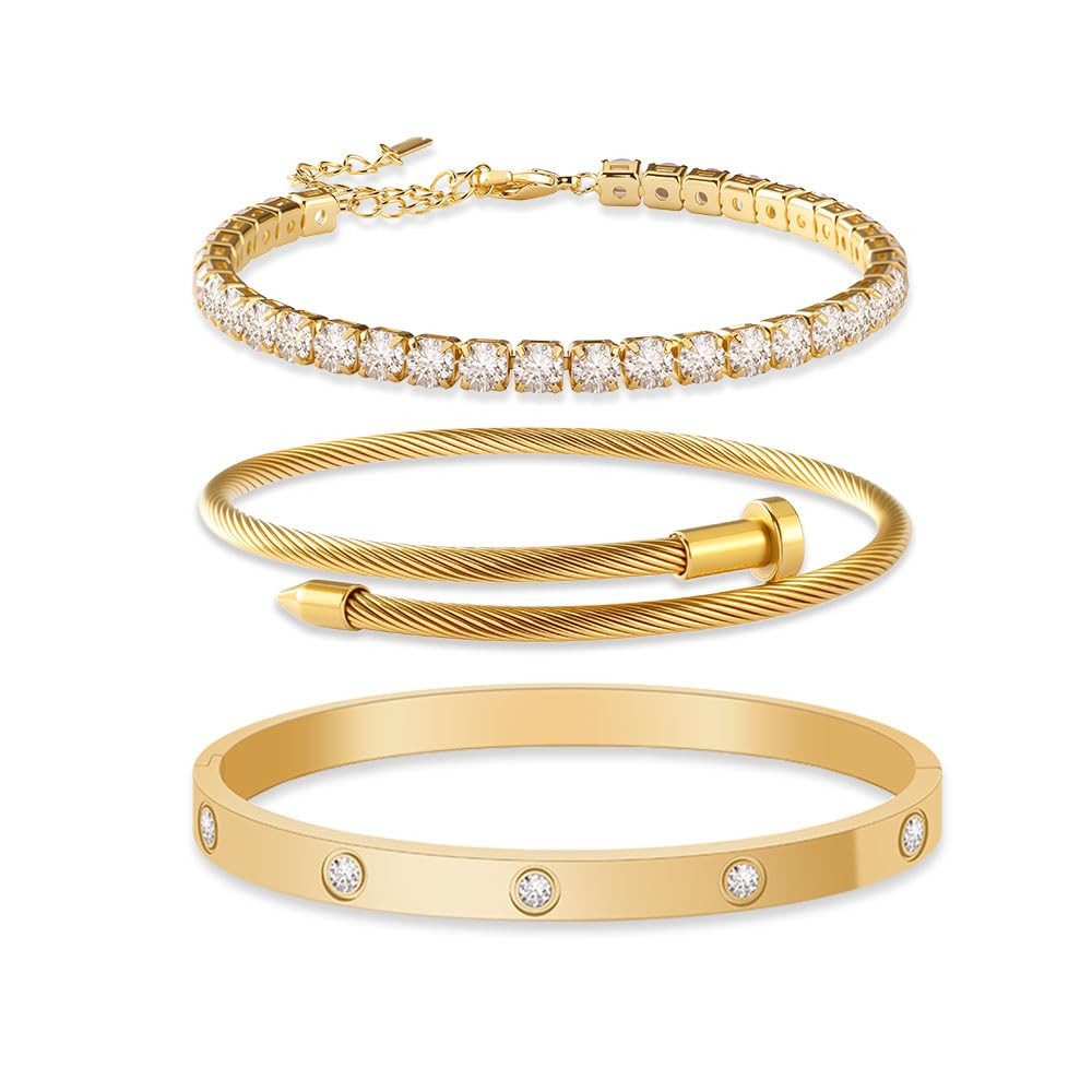 JUNVirtuous 3-Pack Gold Bracelets for Women,18K Gold Plated Bangle Tennis Bracelets Stack Set for... | Amazon (US)